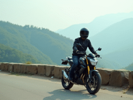 Jeune homme en moto sur un panorama de montagne