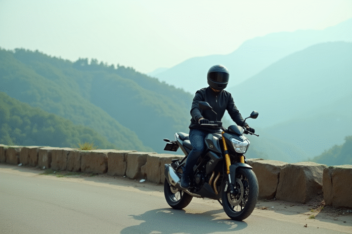 Jeune homme en moto sur un panorama de montagne