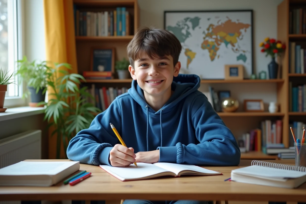 Jeune garçon en hoodie bleu écrit dans un cahier à son bureau