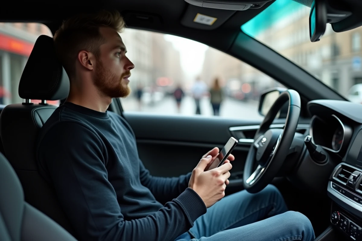 Jeune homme dans une voiture regardant son smartphone