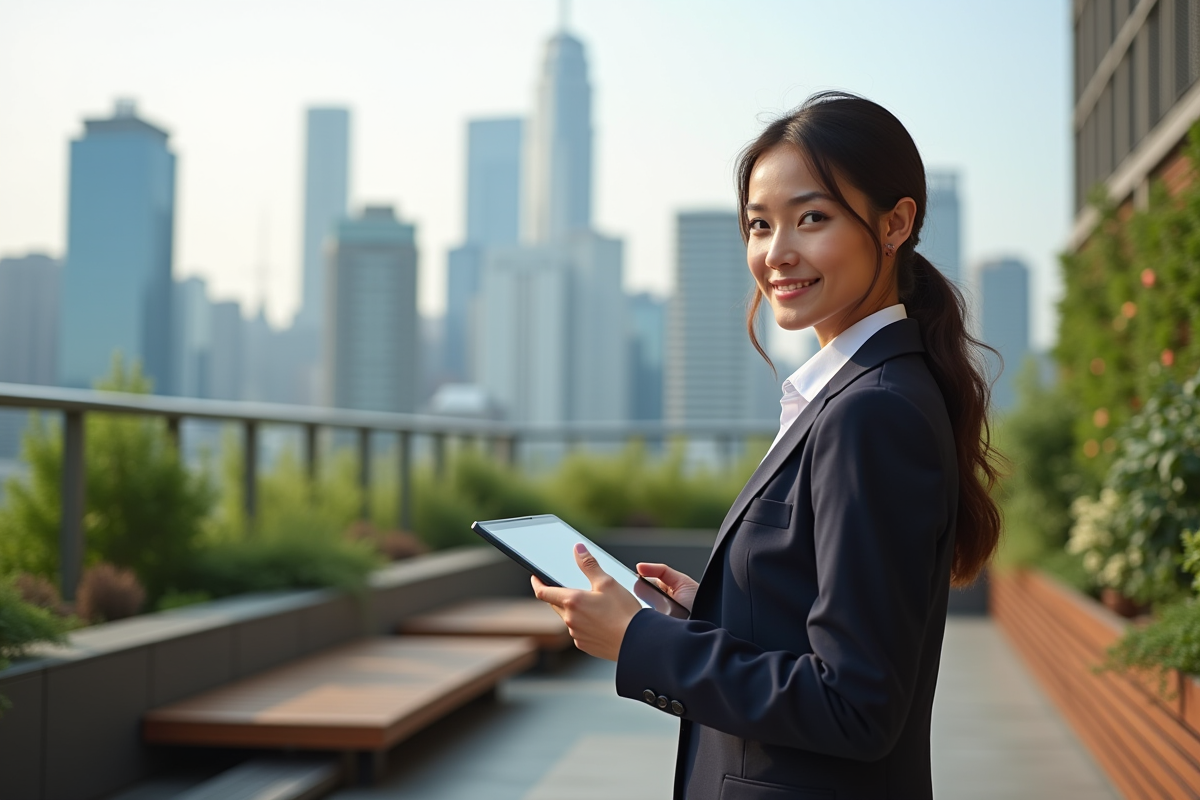 Jeune femme investisseuse avec tablette dans un jardin urbain