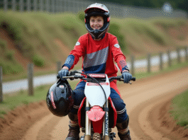 Jeune garçon de 15 ans en motocross souriant avec sa moto 50cc