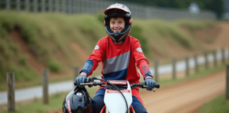 Pourquoi choisir une 50 croix homologuée pour débuter Jeune garçon de 15 ans en motocross souriant avec sa moto 50cc