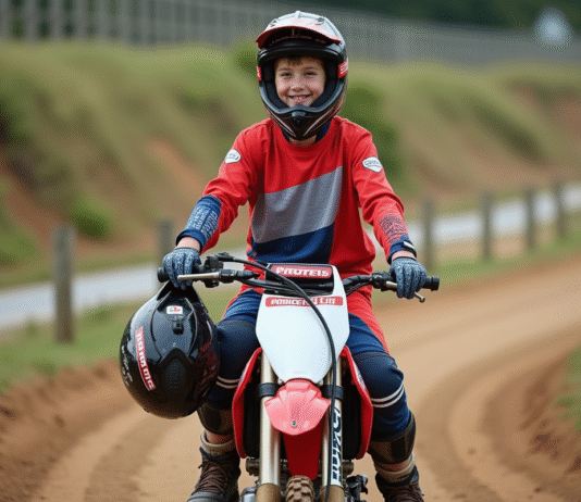 Jeune garçon de 15 ans en motocross souriant avec sa moto 50cc