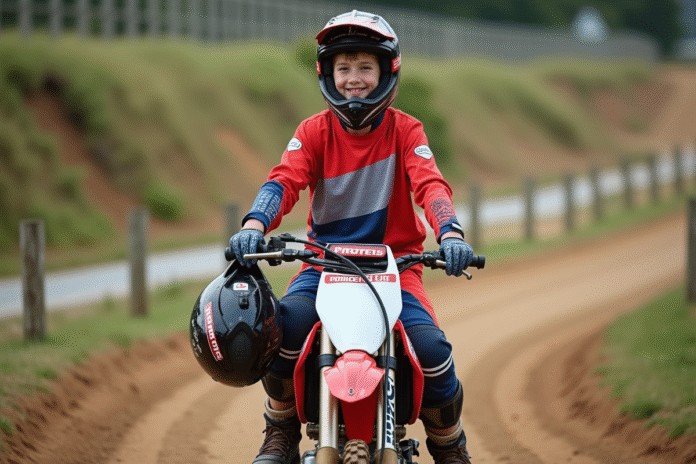 jeune-motocross-ado-50cc Jeune garçon de 15 ans en motocross souriant avec sa moto 50cc