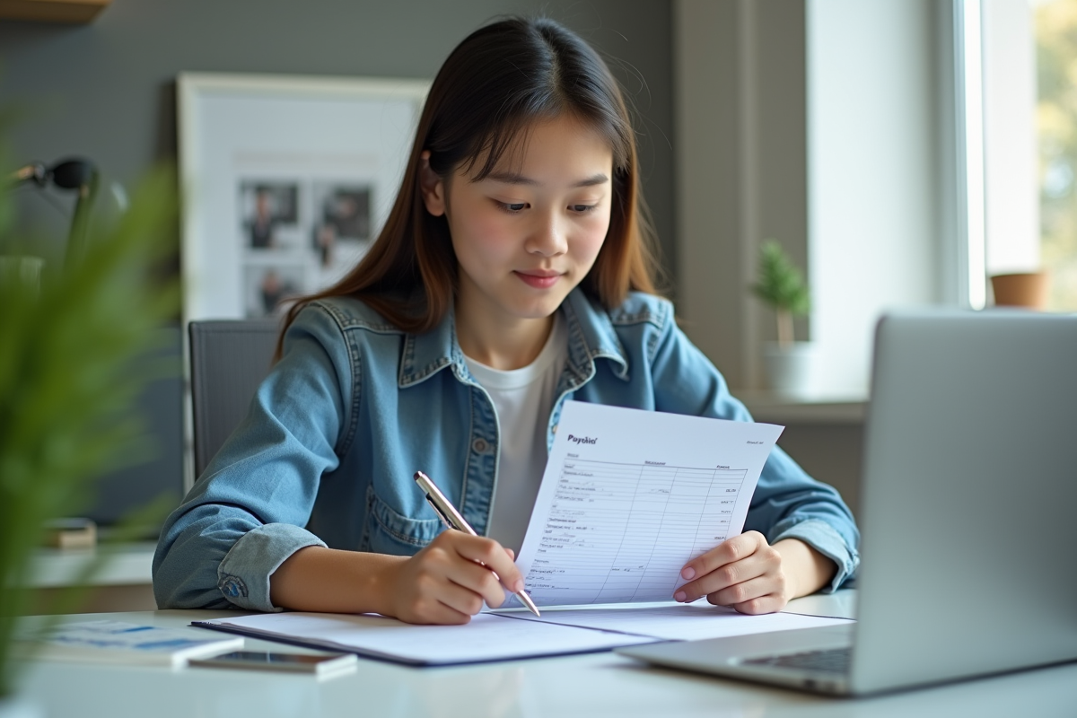 Jeune adulte examinant une fiche de paie au bureau