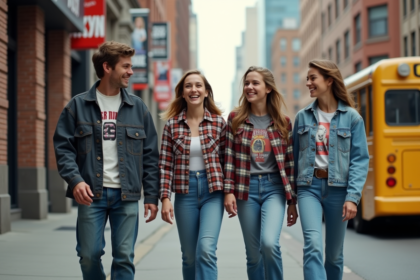 Groupe de jeunes adultes dans une rue animée des années 90