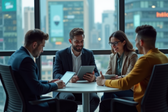 Groupe de jeunes adultes en tech collaborant en bureau moderne
