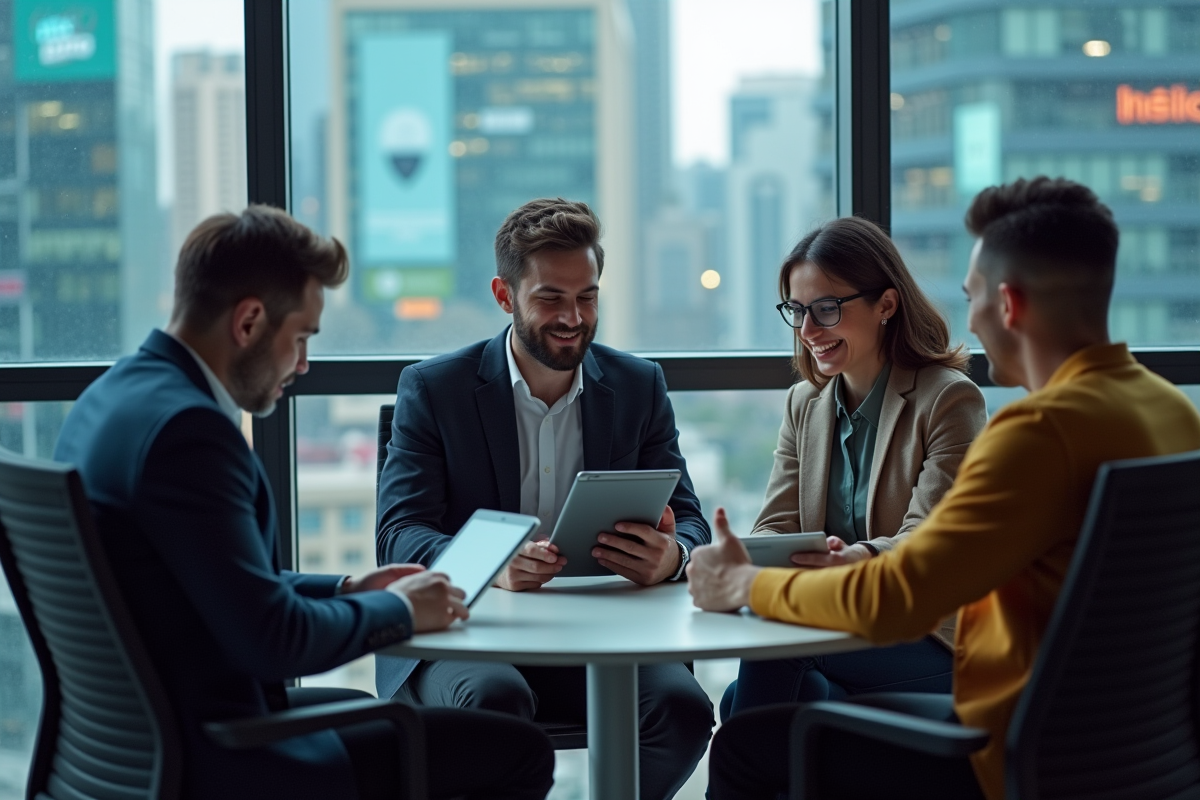 Groupe de jeunes adultes en tech collaborant en bureau moderne