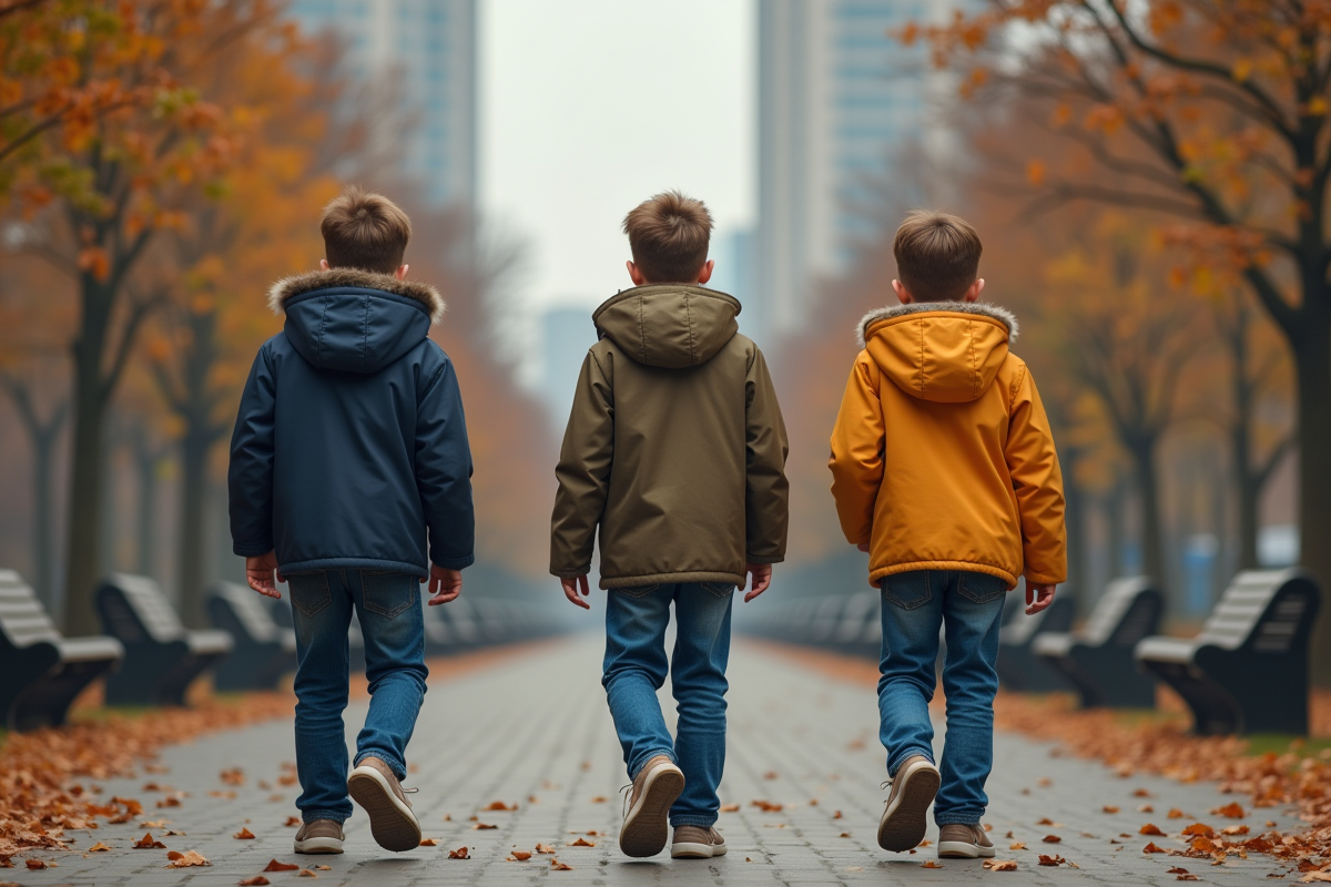Trois adolescents marchant dans un parc urbain automnal