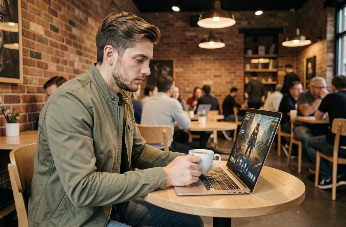 Homme jouant en solo à un jeu de rôle fantasy sur ordinateur portable dans un café urbain, évoquant la flexibilité du jeu solo sur Dofus