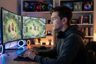 Joueur solo concentré devant ses écrans jouant à un MMORPG fantasy en 2026, illustrant le jeu en solo sur Dofus