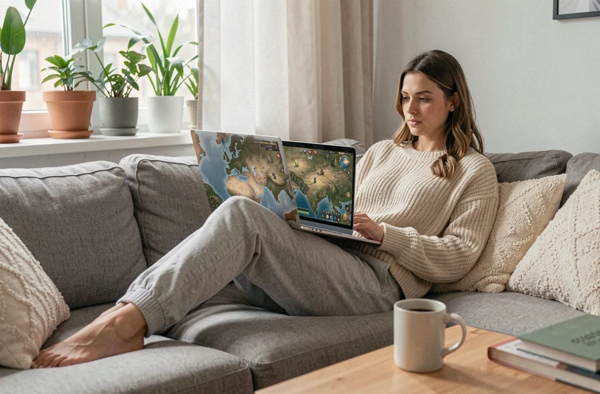 Joueuse solo détendue sur un canapé avec un laptop affichant une carte de jeu MMORPG, représentant l'expérience solo sur Dofus
