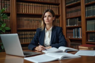 Juriste experte en droit public consultant des textes juridiques complexes dans une bibliothèque de droit