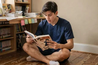 Jeune homme lisant un manga Blue Lock en français dans une chambre avec des étagères remplies de volumes manga