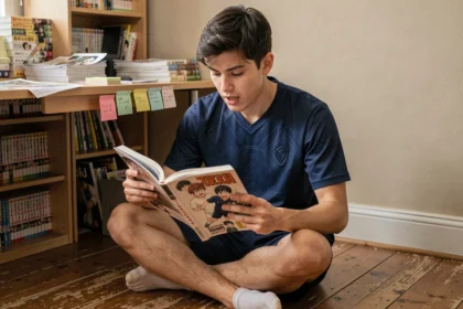 Jeune homme lisant un manga Blue Lock en français dans une chambre avec des étagères remplies de volumes manga