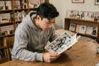 Jeune homme lisant un manga One Piece assis à son bureau entouré de volumes de mangas