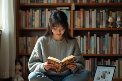 Jeune femme lisant un manga japonais entourée de volumes sur des étagères, avec un site de scan ouvert sur un ordinateur portable