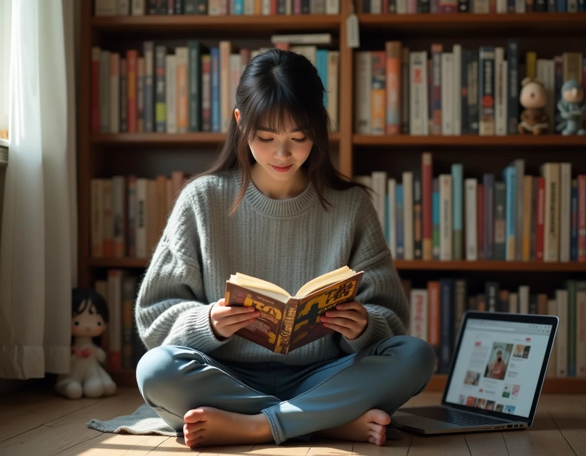 Jeune femme lisant un manga japonais entourée de volumes sur des étagères, avec un site de scan ouvert sur un ordinateur portable