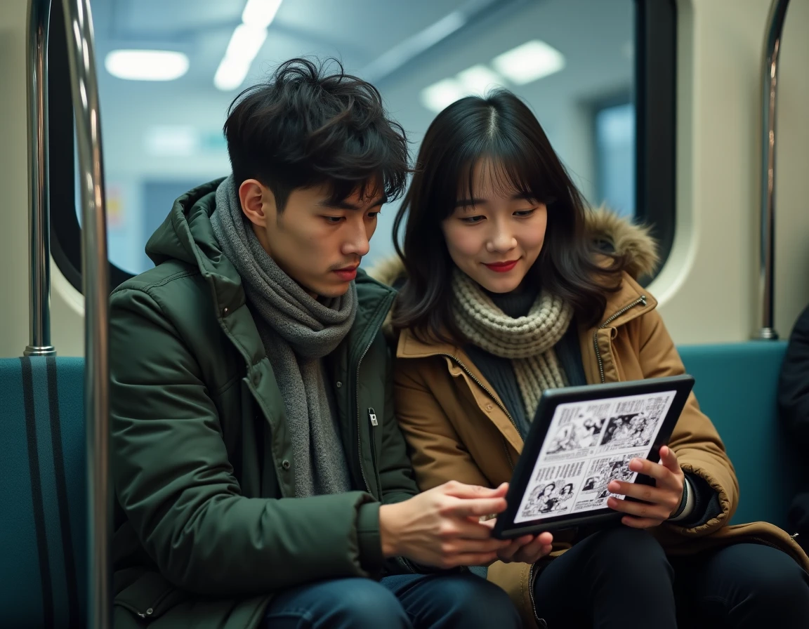 Deux amis relisant les scans de One Piece sur une tablette dans le métro lors d'un rattrapage manga