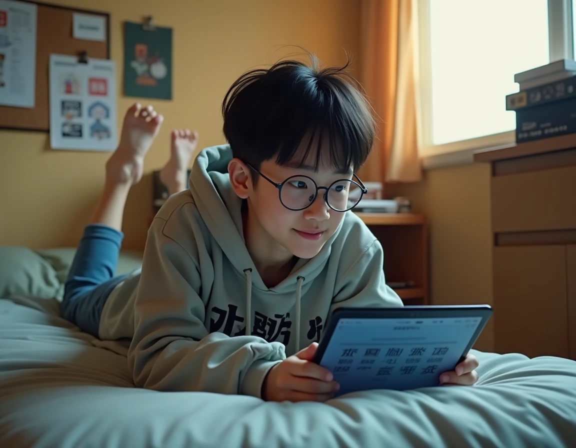 Jeune adulte allongé sur un lit lisant un scan de manga sur tablette dans une chambre d'étudiant décorée d'affiches d'anime