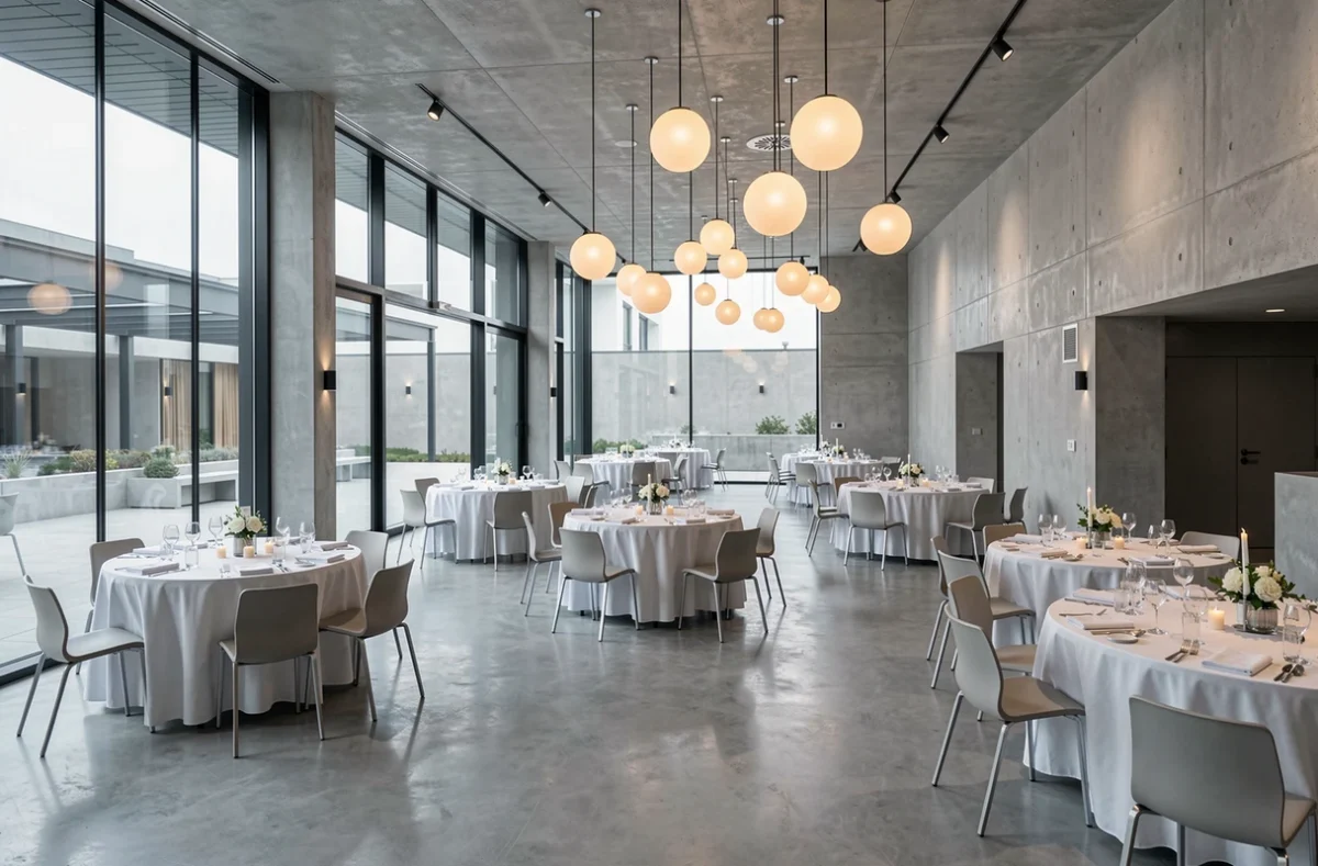 Intérieur moderne et épuré de la salle Luminaria avec sol en béton poli et grandes baies vitrées pour événements