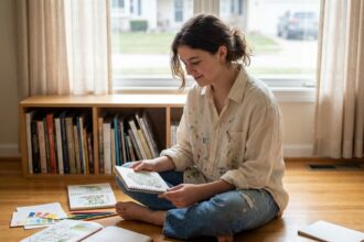 Lycéenne dessinant dans son carnet de croquis entourée de matériel artistique pour préparer son dossier d'entrée en école de design