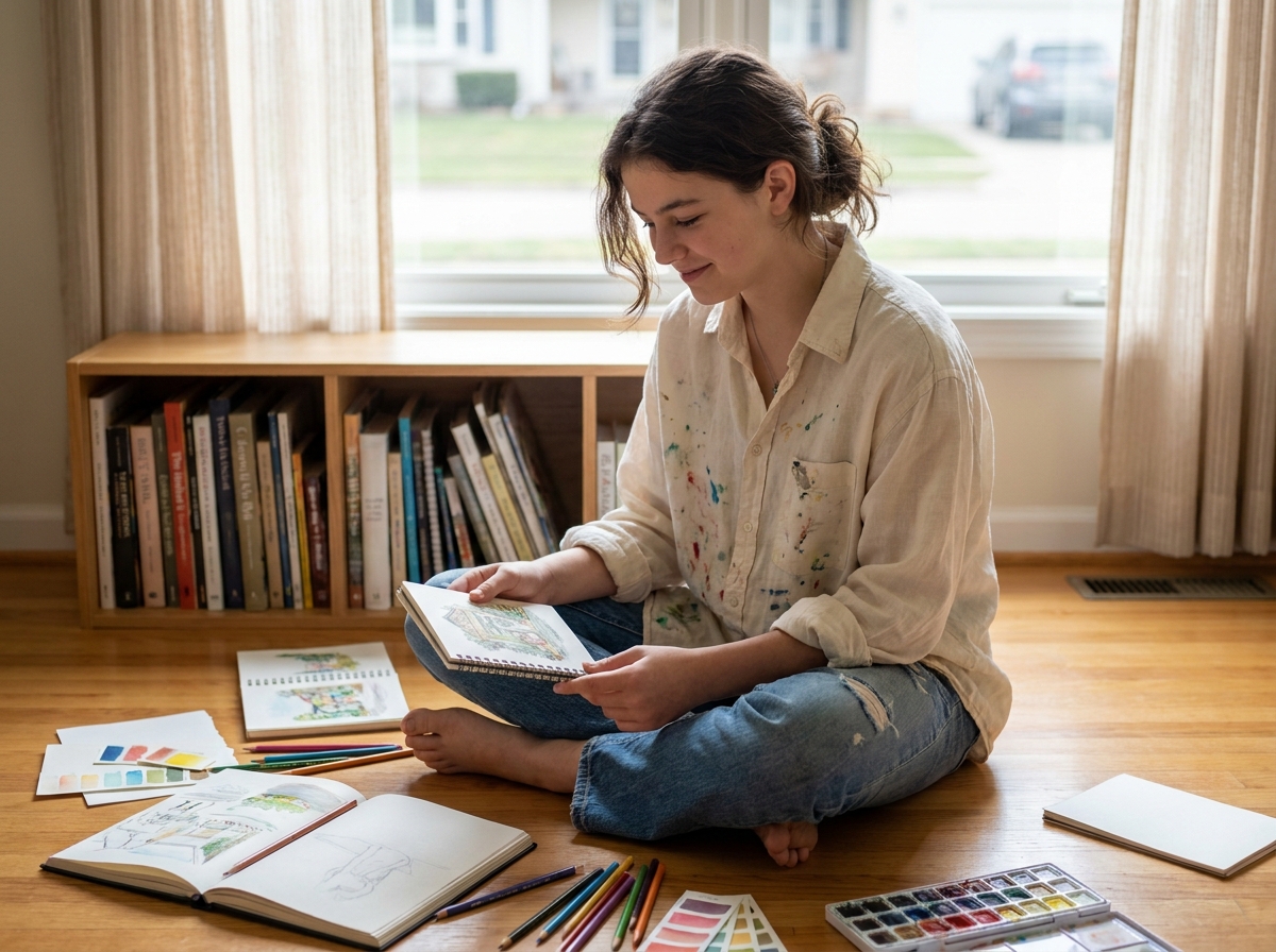 Lycéenne dessinant dans son carnet de croquis entourée de matériel artistique pour préparer son dossier d'entrée en école de design