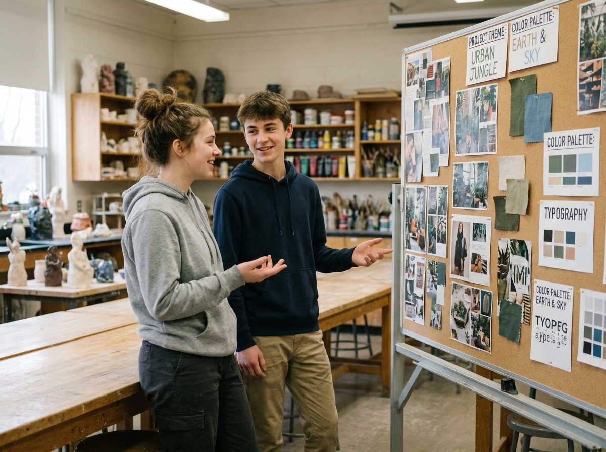 Deux lycéens devant un moodboard collaboratif dans une salle d'art plastique pour préparer sereinement leur entrée en école de design