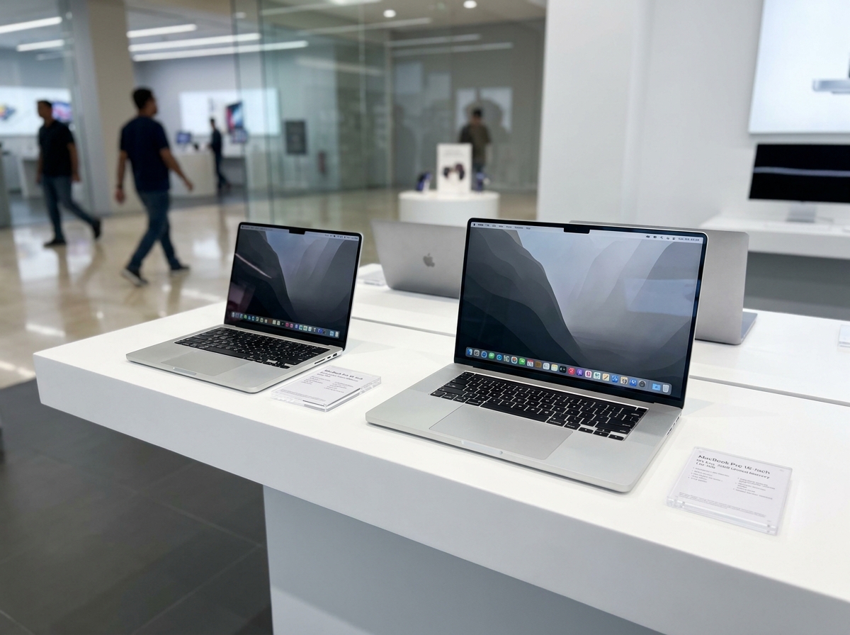Deux MacBook Pro exposés en magasin avec leurs fiches techniques sur une étagère blanche
