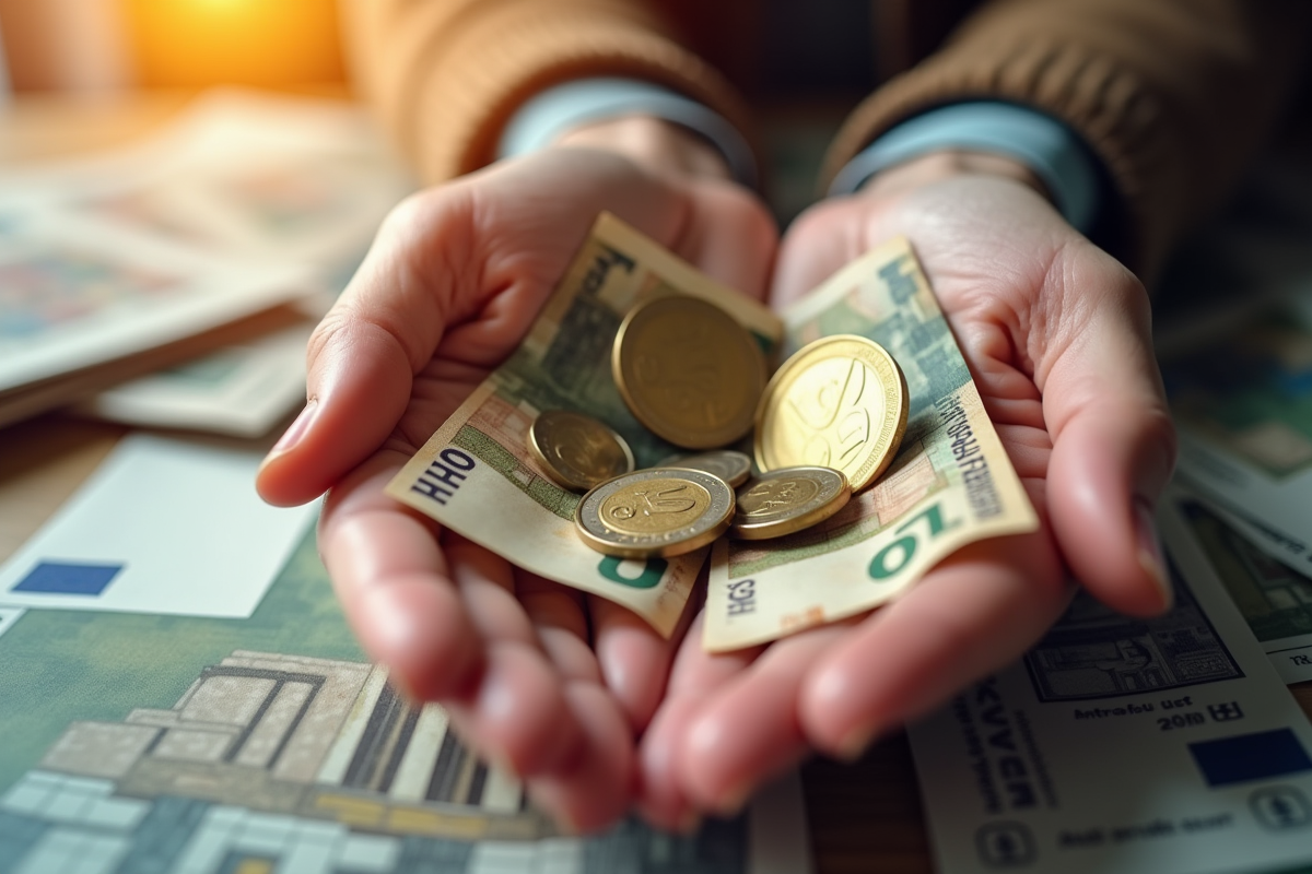 Mains tenant des pièces et billets d euro en lumière douce