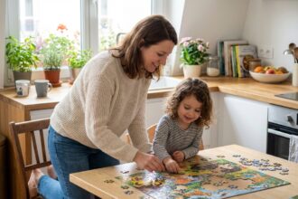 Femme et fille jouant avec un puzzle dans une cuisine lumineuse