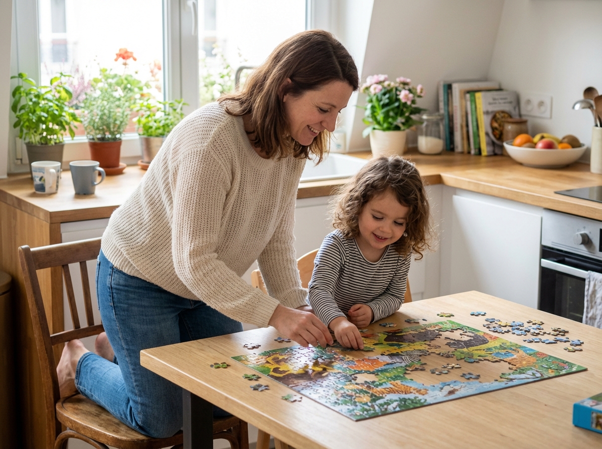 Femme et fille jouant avec un puzzle dans une cuisine lumineuse