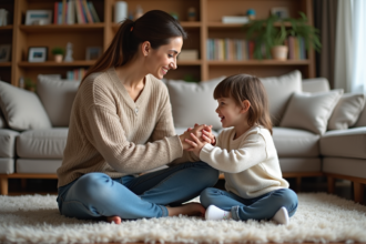 Maman et fille souriantes dans un intérieur chaleureux