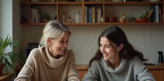 Aider financièrement ses enfants : conseils pratiques et astuces efficaces Mère et fille souriantes lisant des documents dans la cuisine chaleureuse