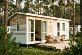 Mobil-home français moderne avec terrasse en bois et grandes baies vitrées dans un camping verdoyant entouré de pins