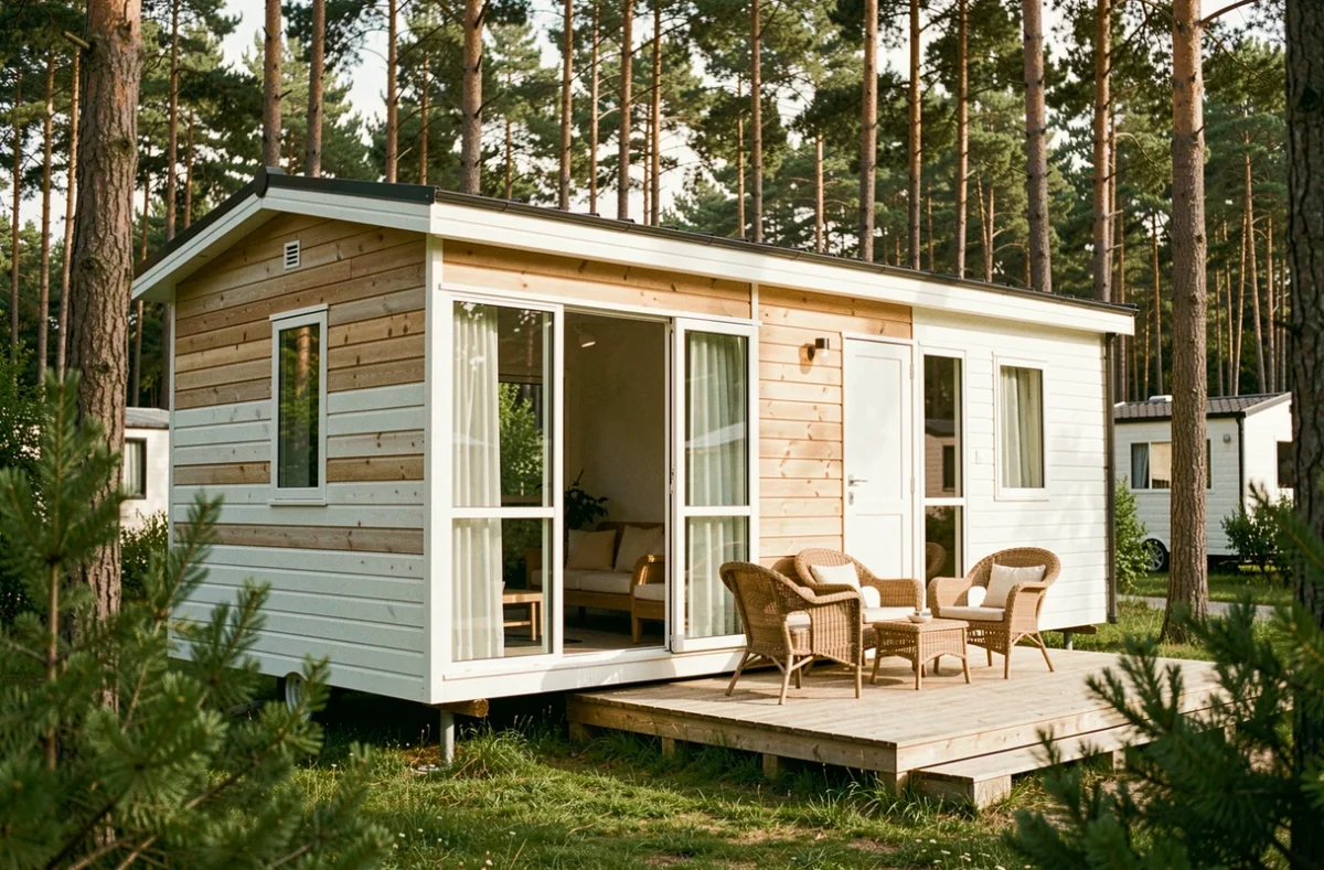 Mobil-home français moderne avec terrasse en bois et grandes baies vitrées dans un camping verdoyant entouré de pins