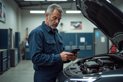 Mécanicien homme en overalls examine un moteur hybride en atelier