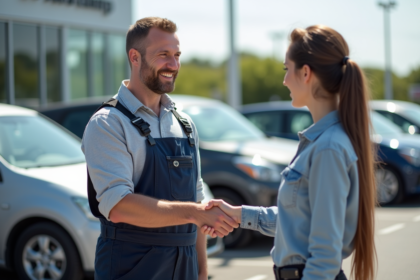 Mécanicien souriant avec une cliente devant une voiture d'occasion