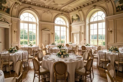 Grande salle de réception élégamment décorée dans le Nord de la France, avec tables rondes dressées et hauts plafonds ornés