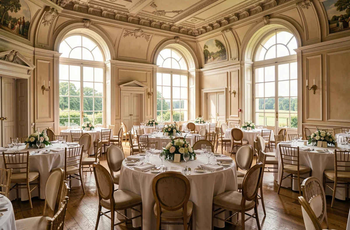 Grande salle de réception élégamment décorée dans le Nord de la France, avec tables rondes dressées et hauts plafonds ornés