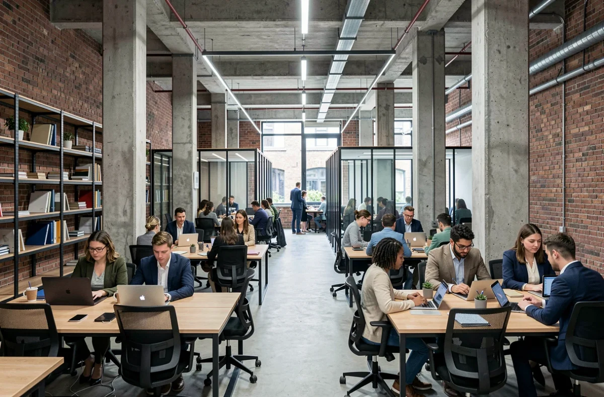 Espace de coworking moderne Now Coworking à Lille avec open space industriel, briques apparentes et jeunes professionnels au travail