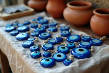 Amulettes œil grec authentiques en verre bleu cobalt disposées sur un marché artisanal d'Athènes