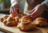 Main d'un boulanger disposant pains au chocolat frais