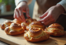 Main d'un boulanger disposant pains au chocolat frais