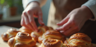 Main d'un boulanger disposant pains au chocolat frais