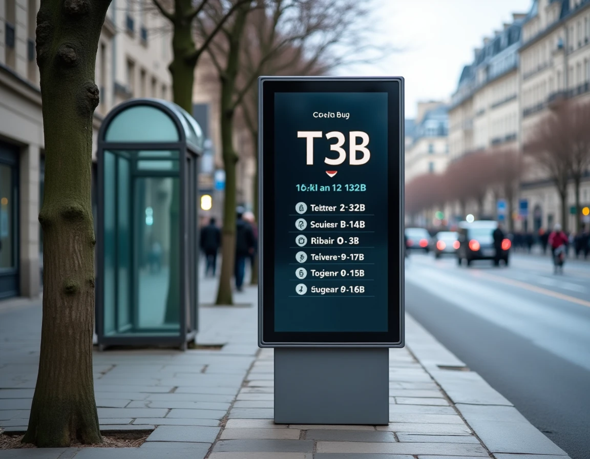 Panneau d'affichage électronique des prochains passages du tramway T3B à un arrêt parisien
