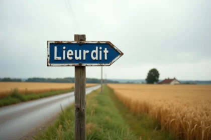 Panneau de lieu-dit en émail bleu et blanc au bord d'un chemin rural en France, entouré de champs de blé dorés