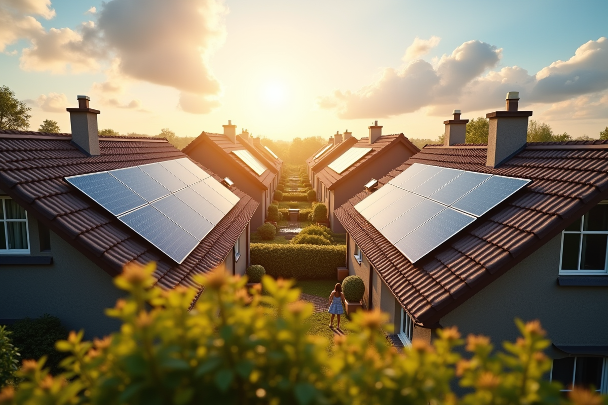 Grandes panneaux solaires sur toits dans un quartier avec enfants jouant