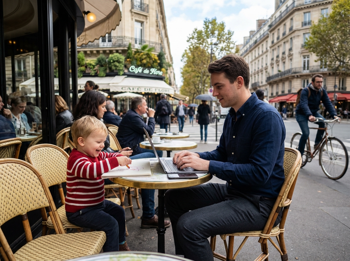 Pere et fils dessinant au café parisien en plein air
